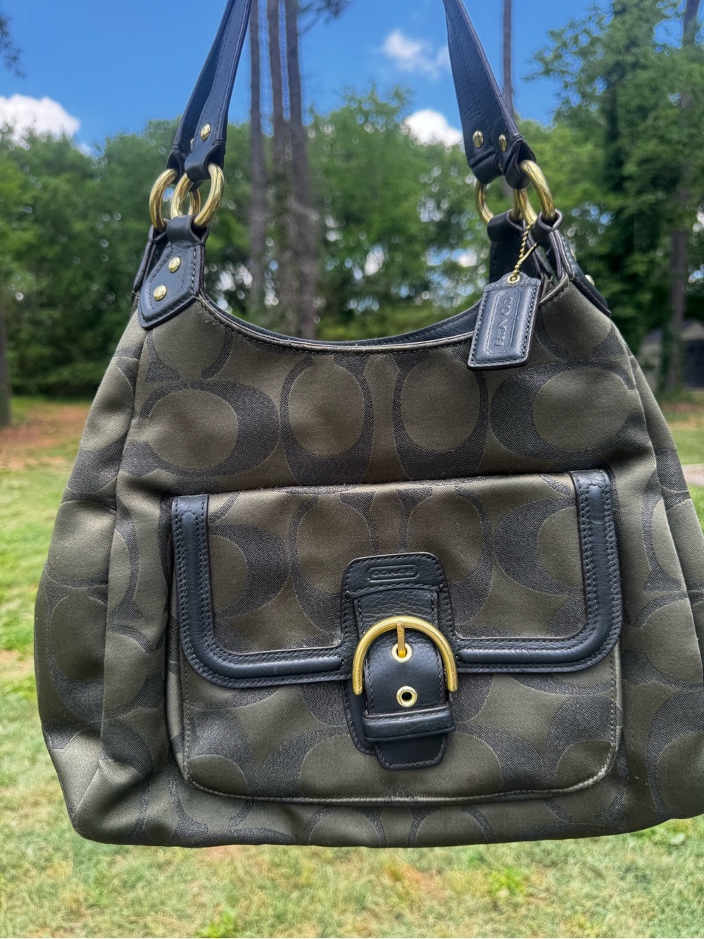 Coach Olive and Black Signature Shoulder Bag with Gold Hardware